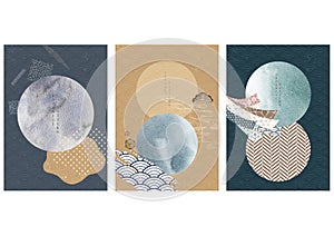 Japanese template with geometric pattern vector. Watercolor texture with wave and circle elements