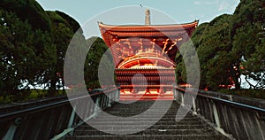 Japanese temple, building and stairs for religion and traditional with Buddhism, architecture and heritage. Tradition