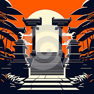 Japanese temple gate at sunset, vector illustration for design and decoration. Generative AI