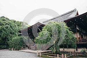 Japanese temple with japanese maple tree leaves in Kyoto vintage film style