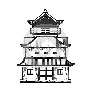 Japanese temple Pagoda house sketch engraving