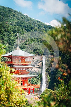 red temple and Waterfall at Nachi Taisha, Japan