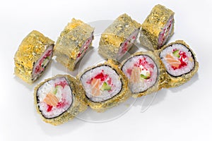 Japanese tempura roll of rice, salmon, cucumber, tobik and cream cheese