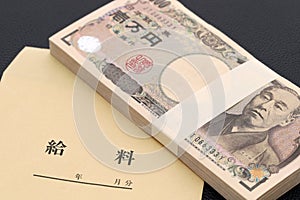 Japanese ten thousand yen on a salary bag