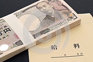 Japanese ten thousand yen in a salary bag