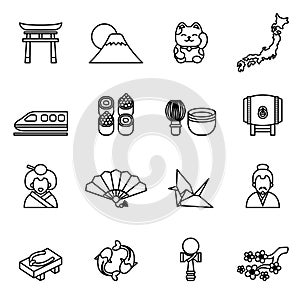 Japanese theme icon set. Thin Line Style stock vector.