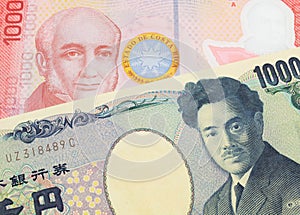 A Japanese thousand yen note paired with a colorful red one thousand colones bank note from Costa Rica.