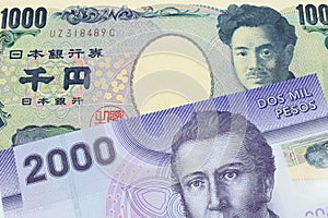 A Japanese thousand yen note paired with a purple, plastic two thousand Chilean peso bank note.