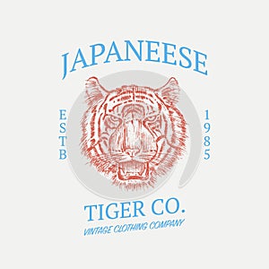 Japanese Tiger logo. Asian cat. Grunge label print. Angry roar of a predator. Badge or emblem Engraved hand drawn old