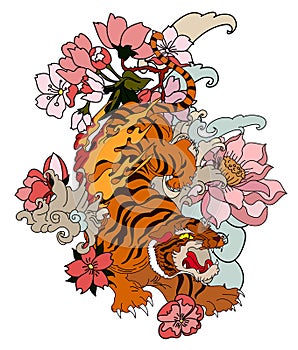 Japanese Tiger vector and illustration design on black and white background.