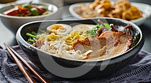 Japanese tonkotsu ramen bowl on dinner table at restaurant