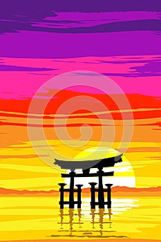 Japanese Tori Gate by the Lake at Sunrise. EPS10 Vector