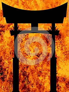 Japanese Tori Gate Over A Blazing Inferno