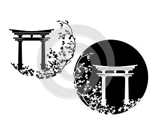 japanese torii gate among blooming sakura black and white vector design