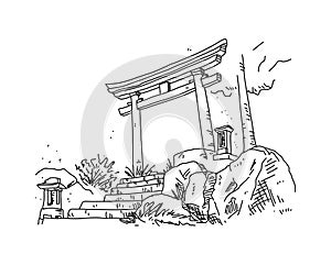 Japanese Torii Gate doodle illustration, isolated on a white background.