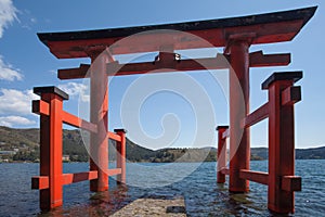Japanese Torii Gate and Lake ashi at Hakone