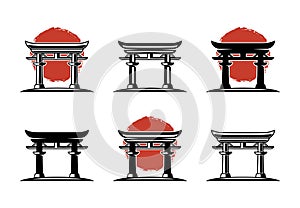 Japanese torii gate set of six different variation vector icons or symbols isolated on white background