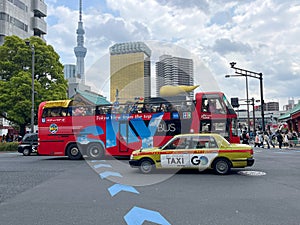 Japanese tour bus overlooking Tokyo Skytree