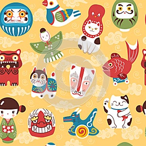 Japanese toys pattern. Lucky and fortune items maneki cat recent vector seamless background