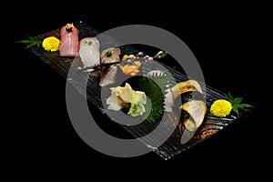 Japanese tradition food. Exclusive premium Sushi set on wooden plate