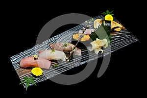 Japanese tradition food. Exclusive premium Sushi set on wooden plate