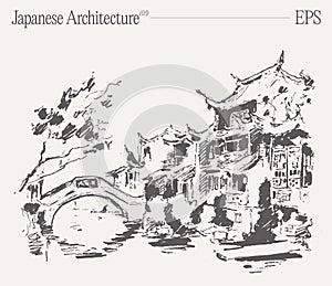 Japanese traditional architecture and bridge. Hand drawn vector illustration, sketch.