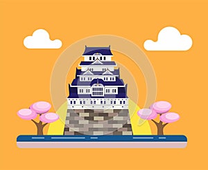 Japanese traditional castle with sakura tree and sunset background concept in flat style illustration editable vector
