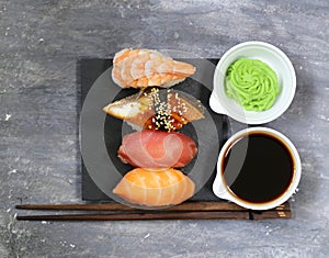 Japanese traditional food sushi with salmon, tuna