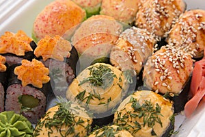 Japanese traditional foods rolls and sushi.