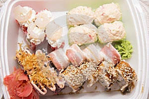 Japanese traditional foods rolls and sushi.