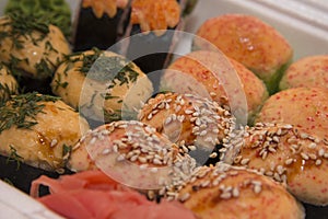 Japanese traditional foods rolls and sushi.