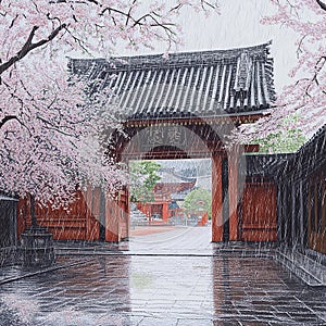 Japanese traditional gate Pagoda architecture, sakura trees, drawing sketch hyper realistica photo