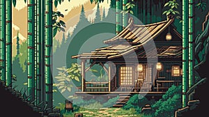 Japanese traditional house in the forest. Vector illustration in retro style