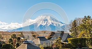 Japanese traditional house at Oshino Hakkai village with Mount Fuji in background