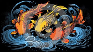 a japanese traditional inspired artwork of three kois in the water, ai generated image