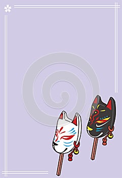 Japanese traditional Kitsune Fox mask with purple background and copyspace. card frame.