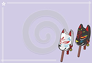 Japanese traditional Kitsune Fox mask with purple background and copyspace. card frame.