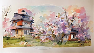 Japanese traditional landscape with Japanese house and sakura cherry tree in blossom, digital illustration in watercolor style