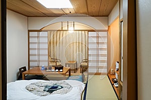 Japanese traditional room with tatami mat and shoji sliding paper door