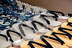 Japanese traditional sandals Geta at Dogo Haikara Dori Shopping Street in Matsuyama, Japan
