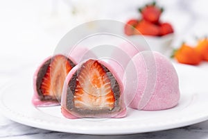 Japanese traditional sweet daifuku with fresh strawberry