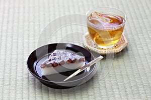 japanese traditional sweet dessert served with barley tea