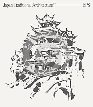 Japanese traditional temple. Hand drawn vector illustration, sketch.