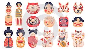 Japanese traditional toys. Daruma, kokeshi dolls, maneki neko lucky cat and mask from Japan. Cute cartoon asian culture