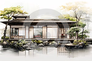 Japanese traditional wooden house with pond watercolor painting illustration. Generative ai