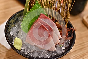Japanese traditionally food, Delicious fresh otoro tuna fish sashimi seafood. photo