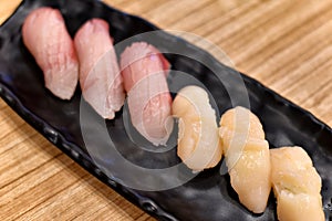 Japanese traditionally food, Delicious nigiri sushi top with fresh seafood.