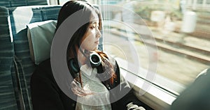 Japanese, train and woman on journey thinking about transportation or commute in Kyoto. City, metro and girl at window