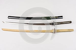 Japanese training swords for iaido and kendo, steel and wood.