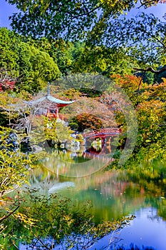 Japanese Traveling. Attractive Daigo-ji Temple During Beautiful Red Maples Autumn Season at Kyoto City in Japan. With Pond